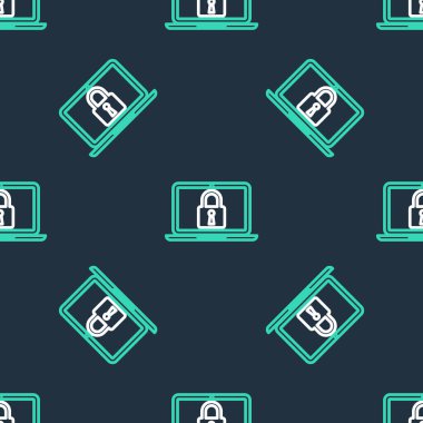 Çizgi dizüstü bilgisayar ve kilit simgesi siyah arkaplanda izole edilmiş. Bilgisayar ve asma kilit. Güvenlik, güvenlik, koruma kavramı. Güvenli bir ağ. Vektör