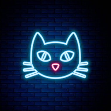 Parlayan neon hattı kedi simgesi tuğla duvar arka planında izole edildi. Renkli taslak konsepti. Vektör