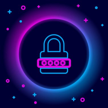 Parlayan neon hattı parola koruması ve siyah arkaplanda izole edilmiş güvenlik erişim simgesi. Kilit simgesi. Güvenlik, güvenlik, koruma, gizlilik kavramı. Renkli taslak konsepti. Vektör