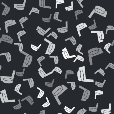 Gri buz hokeyi sopası ve disk ikonu siyah arka planda izole edilmiş pürüzsüz desen. Vektör