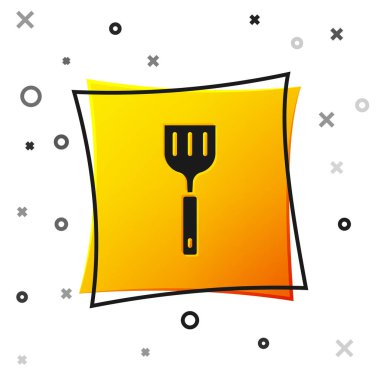 Siyah Spatula simgesi beyaz arkaplanda izole edildi. Mutfak spatula ikonu. Barbekü spatula işareti. Barbekü ve ızgara aleti. Sarı kare düğme. Vektör