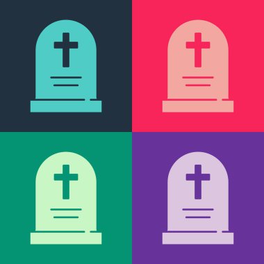 Çapraz simgesi renk arkaplanında izole edilmiş Pop Art Tombstone. Mezar ikonu. Mutlu Cadılar Bayramı Partisi. Vektör