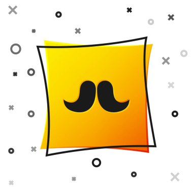 Siyah Bıyık simgesi beyaz arkaplanda izole edildi. Berber dükkanı sembolü. Yüz kılı stili. Sarı kare düğme. Vektör