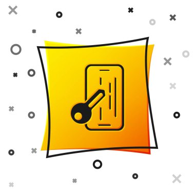 Beyaz arka planda izole edilmiş akıllı telefon simgesi için siyah cam ekran koruyucusu. Cam için koruyucu film. Cep telefonu için şeffaf yumuşak cam. Sarı kare düğme. Vektör