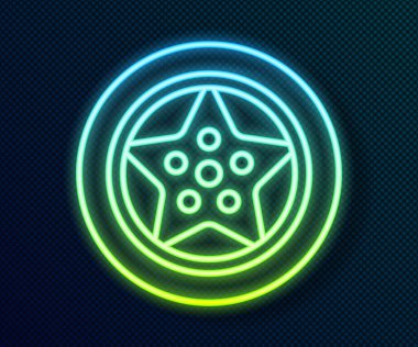 Parlak neon çizgili araba tekerleği simgesi siyah arkaplanda izole edildi. Vektör