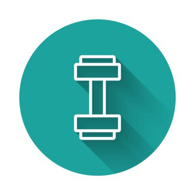 Beyaz çizgi Dumbbell simgesi uzun gölge arkaplanı ile izole edildi. Kas kaldırma ikonu, fitness halteri, spor aletleri, egzersiz yaban domuzu. Yeşil daire düğmesi. Vektör