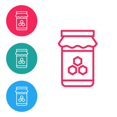 Beyaz arkaplanda kırmızı çizgi bal ikonu izole edilmiş. Yiyecek bankası. Tatlı doğal gıda sembolü. Simgeleri daire düğmelerine ayır. Vektör