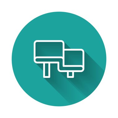 Beyaz çizgi sauna ahşap ikonu uzun gölge arkaplan izole. Yeşil daire düğmesi. Vektör