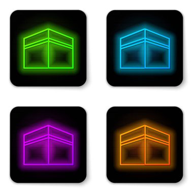 Beyaz arka planda parlayan neon çizgisi Kabe cami simgesi izole edildi. Kabe 'deki hac ibadeti Ramazan-ı İslam camii. Siyah kare düğme. Vektör