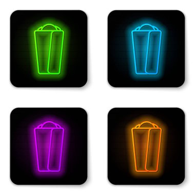 Parlayan neon hattı Burrito simgesi beyaz arkaplanda izole edildi. Geleneksel Meksika fast food 'u. Siyah kare düğme. Vektör