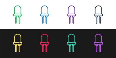 Işık yayan diyot simgesini siyah ve beyaz arkaplanda izole et. Yarı iletken diyot elektrik bileşeni. Vektör