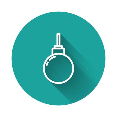 Beyaz çizgi lamba asılı ikon uzun gölge arkaplan izole. Tavan lambası ampulü. Yeşil daire düğmesi. Vektör