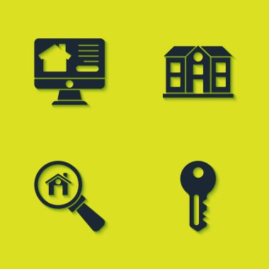 Çevrimiçi emlak evi, ev anahtarı, arama ve ikon ayarla. Vektör