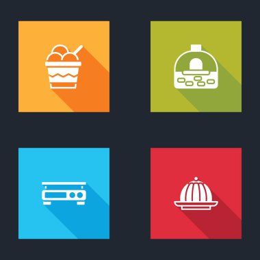 Dondurmayı kaseye koy, Brick sobası, elektronik pullar ve puding kreması ikonu. Vektör