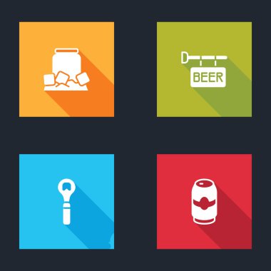 Soğuk bira kutusu, bira, şişe açacağı ve ikonlu sokak tabelası. Vektör