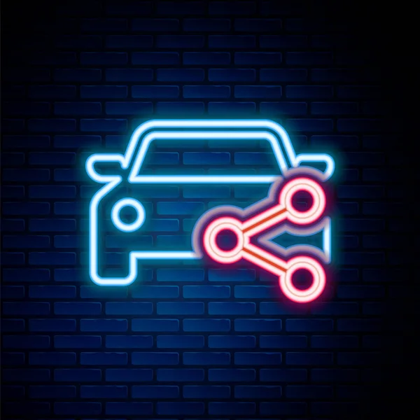 Linea Neon Incandescente Icona Car Sharing Isolata Sfondo Muro Mattoni — Vettoriale Stock