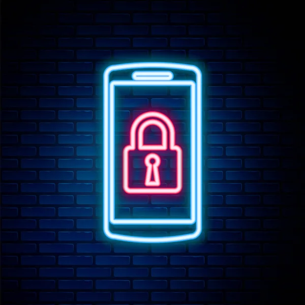 发光的霓虹灯线智能手机与封闭挂锁图标隔离在砖墙背景 有锁的电话流动安保 保护概念 五彩缤纷的概念 — 图库矢量图片