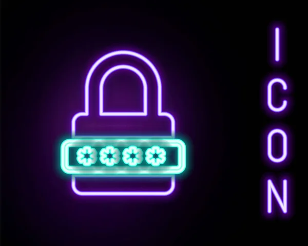 Świecąca Neon Linia Zabezpieczenie Hasłem Ikona Dostępu Bezpieczeństwa Izolowana Czarnym — Wektor stockowy
