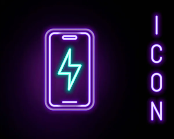 Zářící Neonová Linka Smartphone Nabíjení Baterie Ikona Izolované Černém Pozadí — Stockový vektor