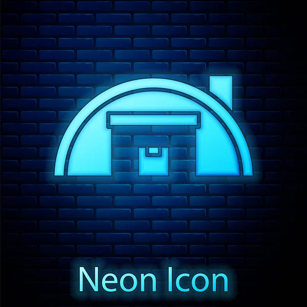 Gloeiende Neon Pakhuis Icoon Geïsoleerd Bakstenen Muur Achtergrond Vector — Stockvector