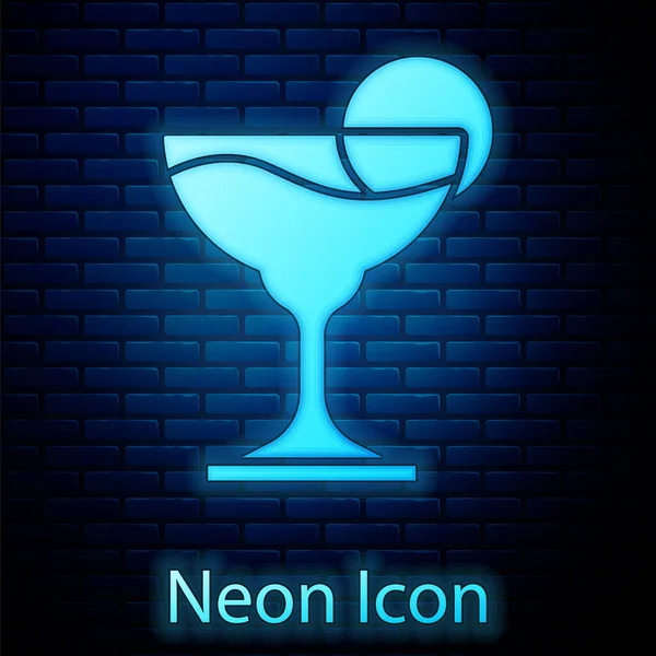Glowing Neon Margarita Cocktail Glass Lime Icon Isolated Brick Wall — Stock Vector