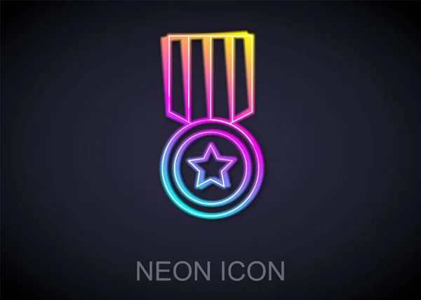 Glödande Neon Linje Medalj Ikon Isolerad Svart Bakgrund Vinnarens Resultatskylt — Stock vektor