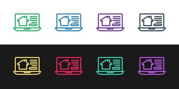 Set Line Online Real Estate House Laptop Icon Isolated Black — Stock Vector