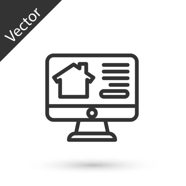 Szürke Vonal Online Ingatlan Ház Monitor Ikon Elszigetelt Fehér Háttér — Stock Vector