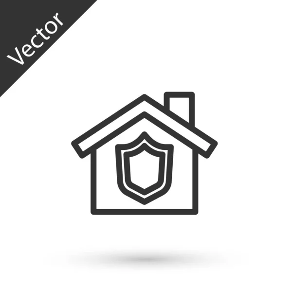 Casa Línea Gris Con Icono Escudo Aislado Sobre Fondo Blanco — Vector de stock