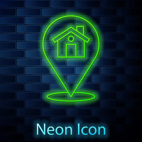 Glowing Neon Line Map Pointer House Icon Isolated Brick Wall — 스톡 벡터