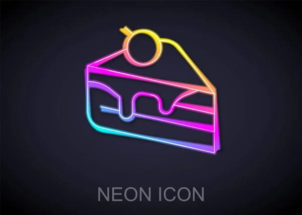 Glödande Neon Linje Lätt Kaka Ikon Isolerad Svart Bakgrund Grattis — Stock vektor