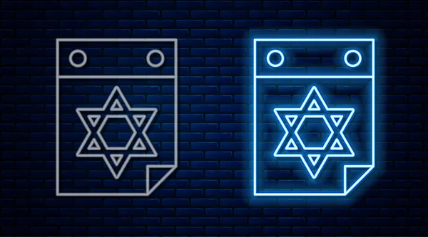 Glödande Neon Linje Judisk Kalender Med Stjärna David Ikon Isolerad — Stock vektor
