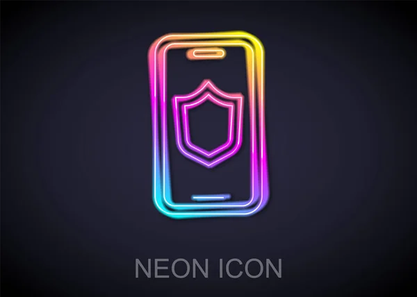 Glödande Neon Line Smartphone Mobiltelefon Med Säkerhet Sköld Ikon Isolerad — Stock vektor