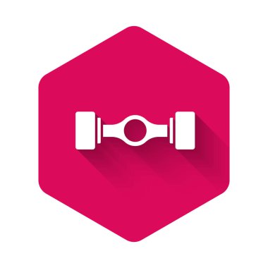 Beyaz Chassis araba simgesi uzun gölge arkaplanı ile izole edildi. Pembe altıgen düğmesi. Vektör