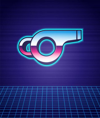 Retro stili Whistle simgesi gelecekten izole edilmiş manzara arka planı. Hakem sembolü. Spor ve spor burcu. 80 'lerin moda partisi. Vektör