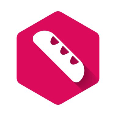 Beyaz Fransız baget ekmeği ikonu uzun gölge arkaplan izole. Pembe altıgen düğmesi. Vektör