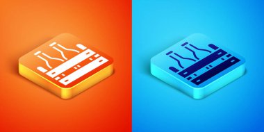 Turuncu ve mavi arka planda izole edilmiş Isometric bira şişeleri ikonu paketi. Tahta kutu ve bira şişeleri. Kutu bira kutusu tabelası. Vektör