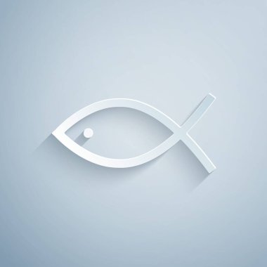 Kağıt kesiği, gri arkaplanda izole edilmiş Hristiyan balık sembolü. İsa 'nın balık sembolü. Kağıt sanatı tarzı. Vektör