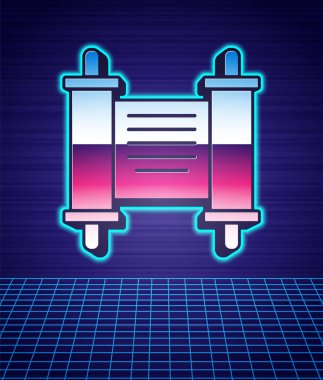 Geçmişe dönük kararname, kağıt, parşömen, kaydırma simgesi izole fütüristik manzara arka planı. Çin parşömeni. 80 'lerin moda partisi. Vektör