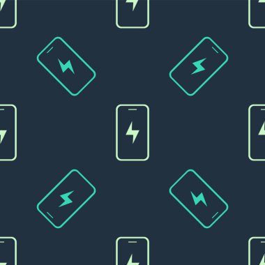 Yeşil ve bej renkli akıllı telefonun şarj ettiği batarya ikonu mavi arka planda izole edilmiş pürüzsüz desen. Şarjı az bir telefon. Vektör