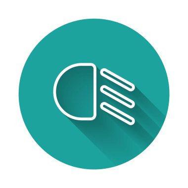 Beyaz çizgi Yüksek ışın simgesi uzun gölge arkaplan izole. Araba farları. Yeşil daire düğmesi. Vektör