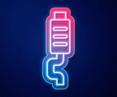 Parlayan neon hattı araba egzozu simgesi mavi arkaplanda izole edildi. Egzoz borusu. Vektör