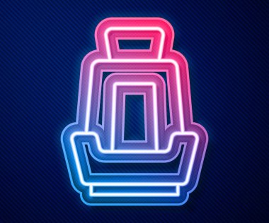 Parlayan neon çizgili araç koltuğu ikonu mavi arka planda izole edildi. Araba koltuğu. Vektör