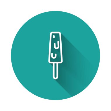 Çubuk ikonundaki beyaz çizgi dondurma uzun gölge arkaplan izole. Güzel sembol. Yeşil daire düğmesi. Vektör