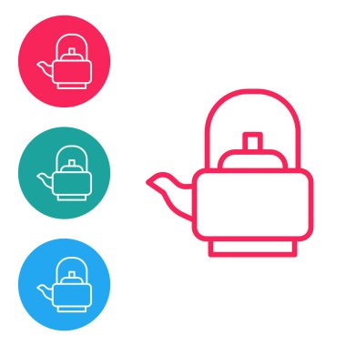 Kırmızı çizgili Kettle beyaz arkaplanda ikon izole edilmiş. Çaydanlık ikonu. Simgeleri daire düğmelerine ayır. Vektör