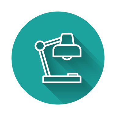 Beyaz çizgi masa lambası simgesi uzun gölge arkaplanı ile izole edildi. Masa lambası. Yeşil daire düğmesi. Vektör