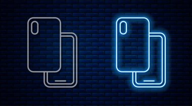 Parlayan neon hattı, akıllı telefon, cep telefonu simgesi tuğla duvar arkasında izole edilmiş. Vektör
