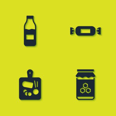 Sütlü şişe, bal kavanozu, kesme tahtası ve şeker ikonu. Vektör