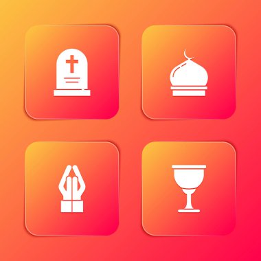 Mezar Taşı 'nı haçla, Müslüman Camii' ni, elleri dua pozisyonunda ve Kutsal Kase 'yi ya da kadeh ikonunu yerleştirin. Vektör