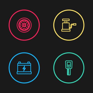 Hattı ayarla. Araba aküsü, uzaktan kumandalı anahtar, hava pompası ve tekerlek ikonu. Vektör